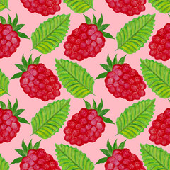 Seamless pattern with red raspberries and green leaves painted in watercolor on a pink background.