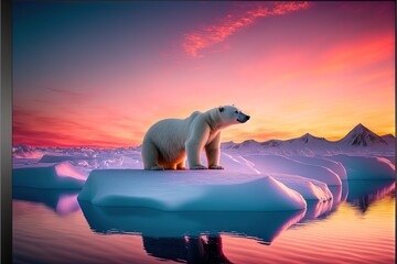  a polar bear standing on an iceberg in the water at sunset with a pink sky and clouds behind it and a pink and blue sky.  generative ai - obrazy, fototapety, plakaty