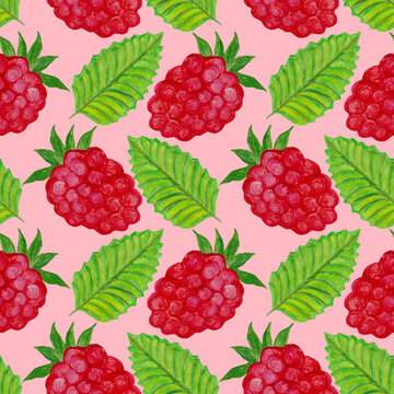 Seamless pattern with red raspberries and green leaves painted in watercolor on a pink background.