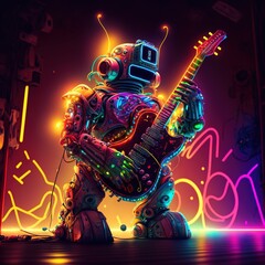  a robot playing a guitar in a neon room with neon lights on the walls and a neon background behind it, with a neon glow.  generative ai - obrazy, fototapety, plakaty