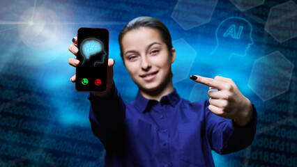 Using artificial intelligence in smartphone, young female showing phone screen