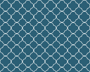 Fototapeta premium Morocco background of geometric islamic trellis pattern in blue with white outline. Ramadan Traditional Ramadan Islamic Background. Moroccan Mosaic Texture.
