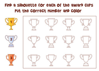 Find a silhouette for each of the award cups. Put the correct number and color. Find the correct shadow. Find 2 same objects. Educational game for children. Isolated on white background