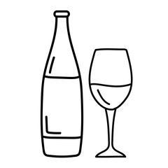 Vector line art wine bottle and glass alcohol