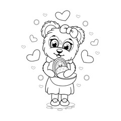 Coloring page. Cute cartoon bear with little bear and baby carrier