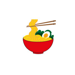Isolated on white background red ramen noodle soup vector line illustration.Asian Japanese traditional food cuisine. Clip art, menu, poster, print, banner