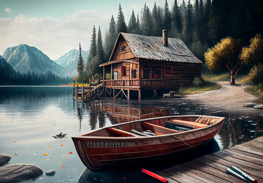 Wooden boat in the lake near the old village house. Illustration AI Generative