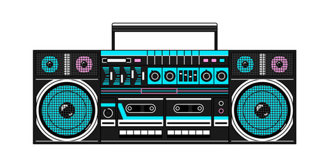 Retro boombox cassette player in trendy 90s, y2k neon style. Vector isolated illustration in pink, blue and black colors.