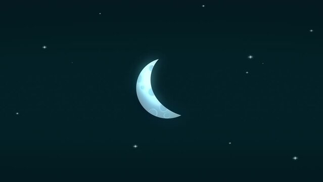4k Cartoon stylized 2D moon shining at night animation, stars in background, green screen included