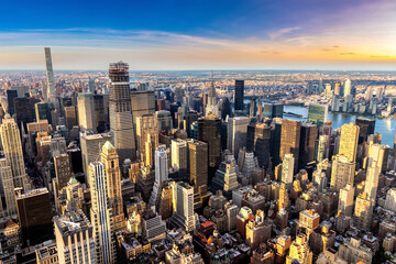 Aerial view of Manhattan at sunset
