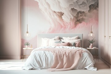 Beautiful bedroom in white and powder pink with a winter theme wall painting, Winter snow landscape, pink world frozen ice interior design pink bedsheets bed bedroom, Generative AI illustrations