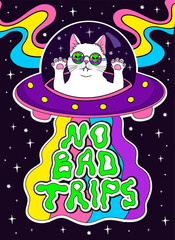 psychedelic groovy white cat in sunglasses, space retro trip. vector poster