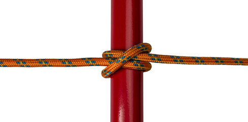 clove hitch knot, orange rope. example of knot used outdoors, png transparent background