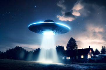 Flying extraterrestrial saucer UFO in the night sky. Alien abduction scene with lights. Generative Ai Illustration