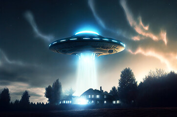 Naklejka na ściany i meble Flying extraterrestrial saucer UFO in the night sky. Alien abduction scene with lights. Generative Ai Illustration