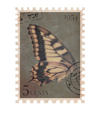 Vintage Postage Stamp with Butterfly. Retro Printable post stamp. Aesthetic cutout Scrapbooking elements for wedding invitations, notebooks, journals, greeting cards, wrapping paper