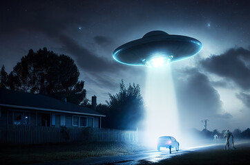Flying extraterrestrial saucer UFO in the night sky. Alien abduction scene with lights. Generative Ai Illustration