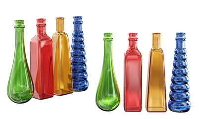 Home decor and accents. Vibrant, multicolored glass bottles set. Home decorative accessories. Isolated interior objects. 3d rendering