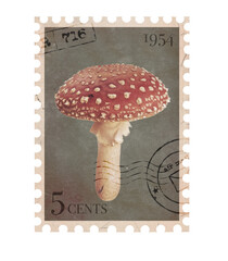 Vintage Postage Stamp with red mushroom. Retro Printable post stamp. Aesthetic cutout Scrapbooking elements for notebooks, journals, greeting cards, wrapping paper