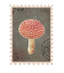 Vintage Postage Stamp with red mushroom. Retro Printable post stamp. Aesthetic cutout Scrapbooking elements for notebooks, journals, greeting cards, wrapping paper