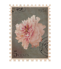 Floral vintage Postage Stamp. Retro Printable post stamp with Peony flower. Aesthetic cutout Scrapbooking elements for wedding invitations, notebooks, journals, greeting cards, wrapping paper