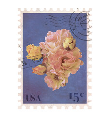 Floral vintage Postage Stamp. Retro Printable post stamp with flowers of Roses. Aesthetic cutout Scrapbooking elements for wedding invitations, notebooks, journals, greeting cards, wrapping paper