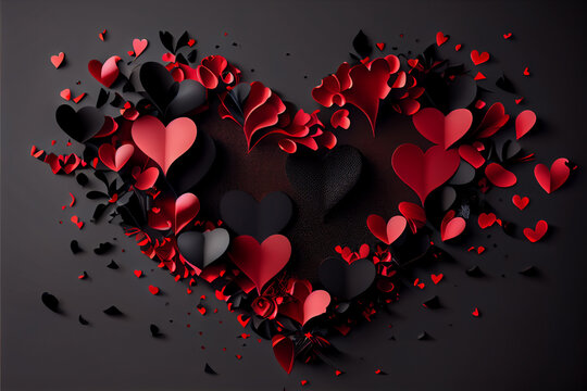 Abstract red and black illustration of hearts romantic background wallpaper made with generative AI