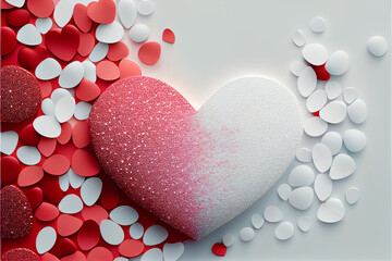 Abstract red and white illustration of hearts and glitter romantic background wallpaper made with generative AI