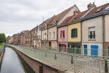 Street view of Amiens: beautiful old houses. Amiens - city and commune in northern France, 120 km north of Paris, capital of Somme department, Hauts-de-France. AMIENS, FRANCE.