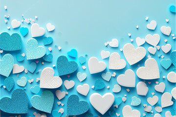 Abstract blue and white illustration of hearts and glitter romantic background wallpaper made with generative AI