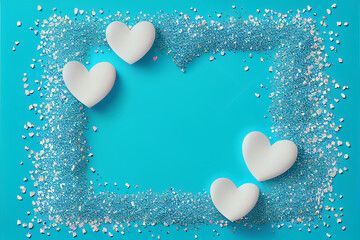 Abstract blue and white illustration of hearts and glitter romantic background wallpaper made with generative AI