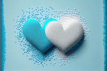Abstract blue and white illustration of hearts and glitter romantic background wallpaper made with generative AI
