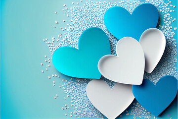 Abstract blue and white illustration of hearts and glitter romantic background wallpaper made with generative AI