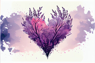 Romantic abstract watercolor background with heart and lavander elements made with Generative AI