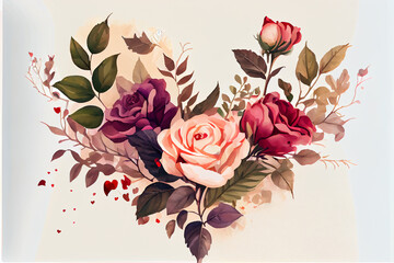 Romantic abstract watercolor background with heart and roses made with Generative AI