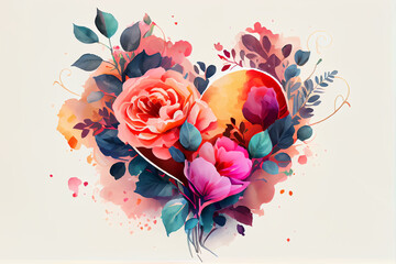 Romantic abstract watercolor background with heart and roses made with Generative AI
