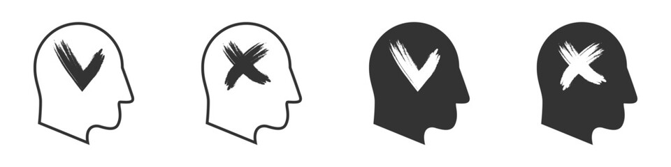 Human head with check mark and cross inside. Vector illustration.