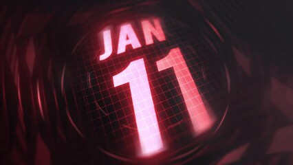 11 January in 3d motion graphic. Infrared calendar in futuristic and tech glowing neon for takes, commemoratives in led and etc. 4k in loop