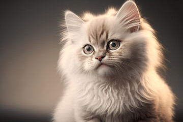 Naklejka na ściany i meble Cute little white fluffy kitten on a gray background with big eyes