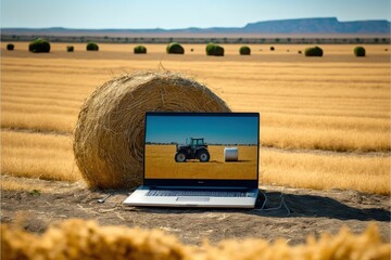 Remote work with a laptop on a haystack created with Generative AI technology