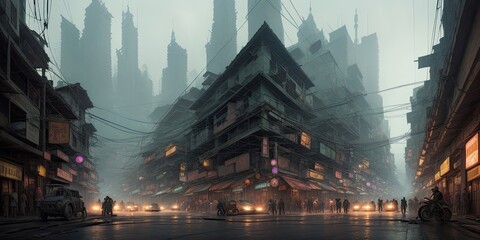 Fototapeta na wymiar Asian city in cyberpunk style. Streets with a view to the future