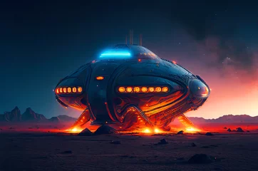 Extraterrestrial spaceship on the alien planet sorrounded with neon glowing lights generative ai illustration © BigMindOutfit