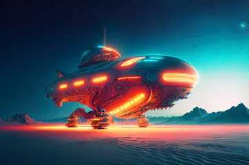 Extraterrestrial spaceship on the alien planet sorrounded with neon glowing lights generative ai illustration © BigMindOutfit