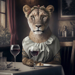 Realistic lioness in a dress in a restaurant with a glass of wine, portrait generative ai - obrazy, fototapety, plakaty