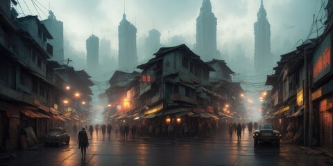 Fototapeta premium Asian city in cyberpunk style. Streets with a view to the future