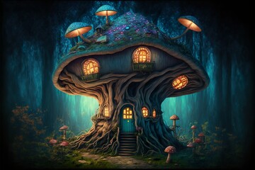 cute Fantasy House. Fairy tale little cottage in magical forest. generative ai, digital art
