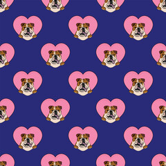 English Bulldog dog with paws pattern, Valentine's day heart wallpaper. Love heart with pet head holiday texture. Dog face Holding Heart Cartoon square background. St Valentine's day present paper.