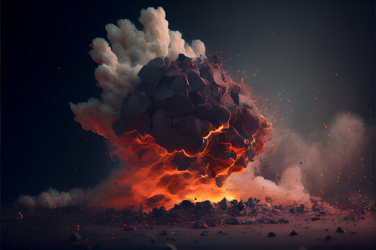 Fiery bomb explosion with sparks and smoke. Huge, extremely hot explosion with sparks and hot smoke, against black background. Ai generated.