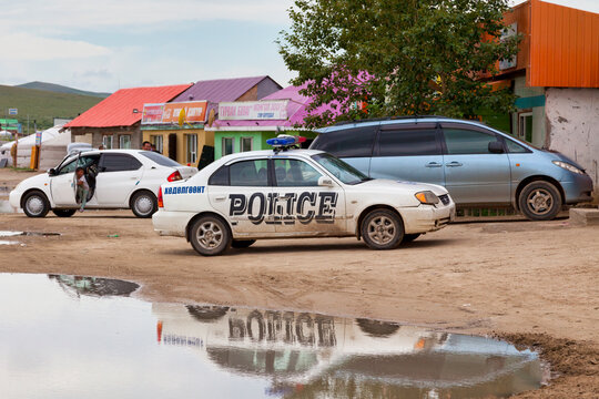 Elsen Tasarkhai, Mongolia - August 04 2018: Police car parked outside a restaurant near the dune of "Mini Gobi".