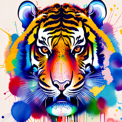 Watercolor abstract strokes of a tiger with paint splatter, paint splash and paint drip